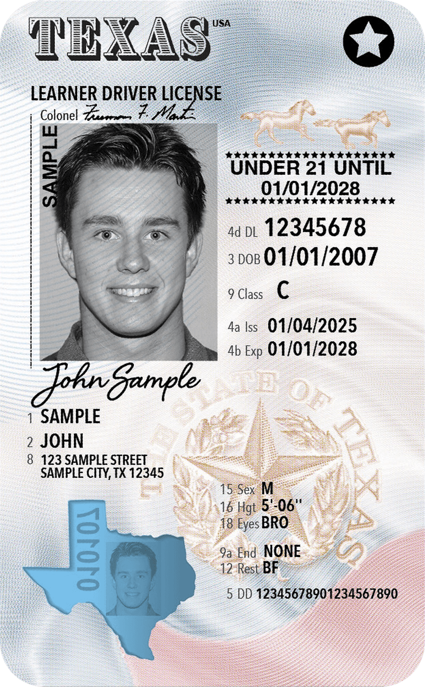 Sample Texas learner license card issued by DPS