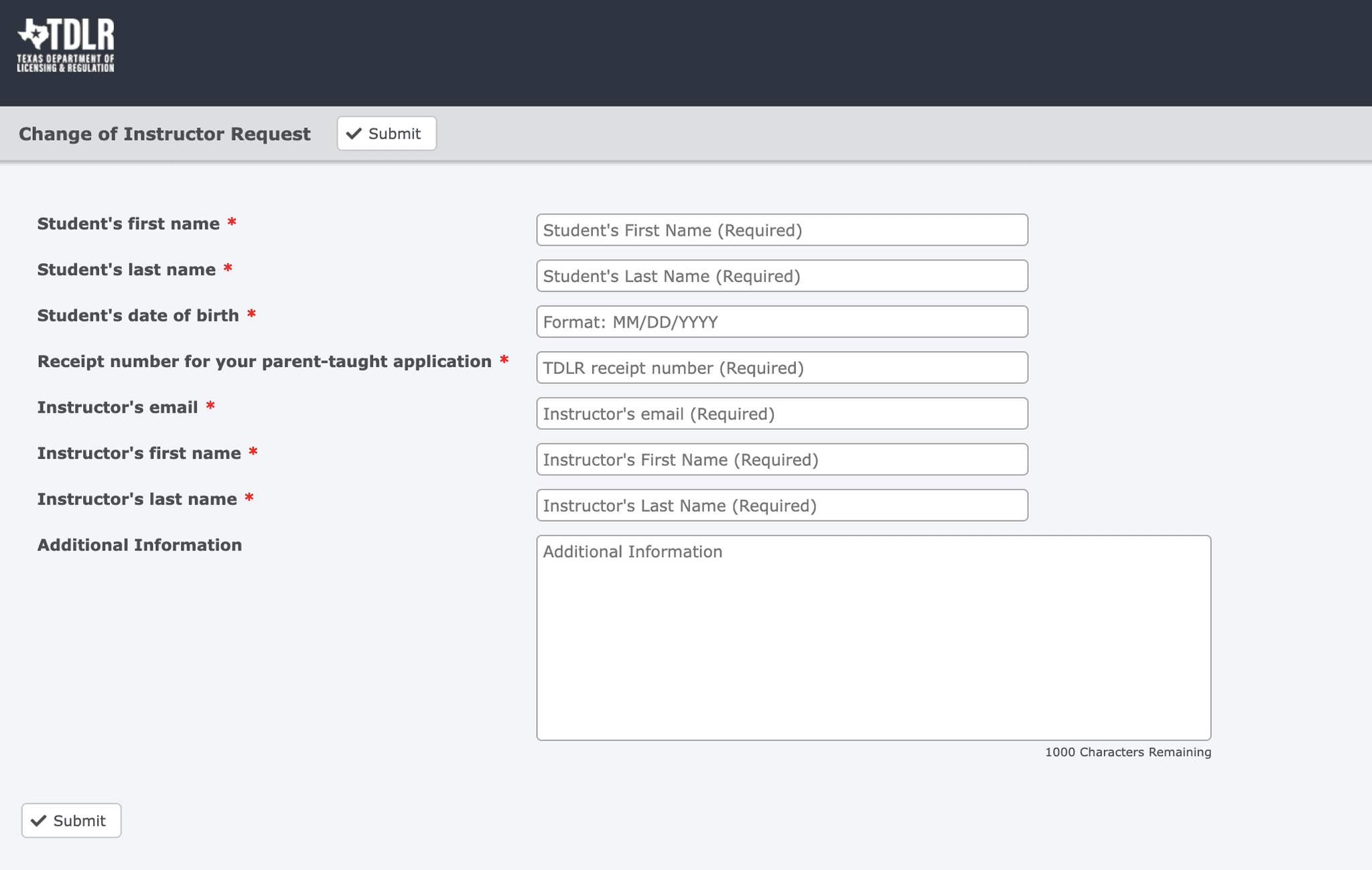 TDLR Change of Instructor Request form showing required fields