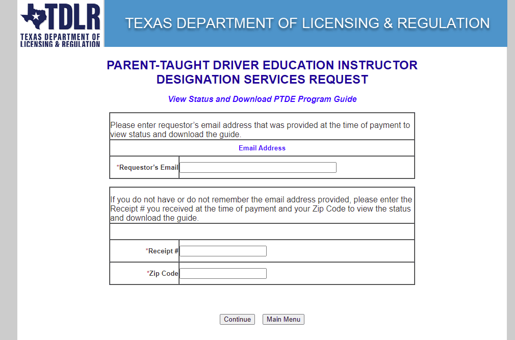 TDLR packet lookup page where you can search by email address or receipt number and zip code